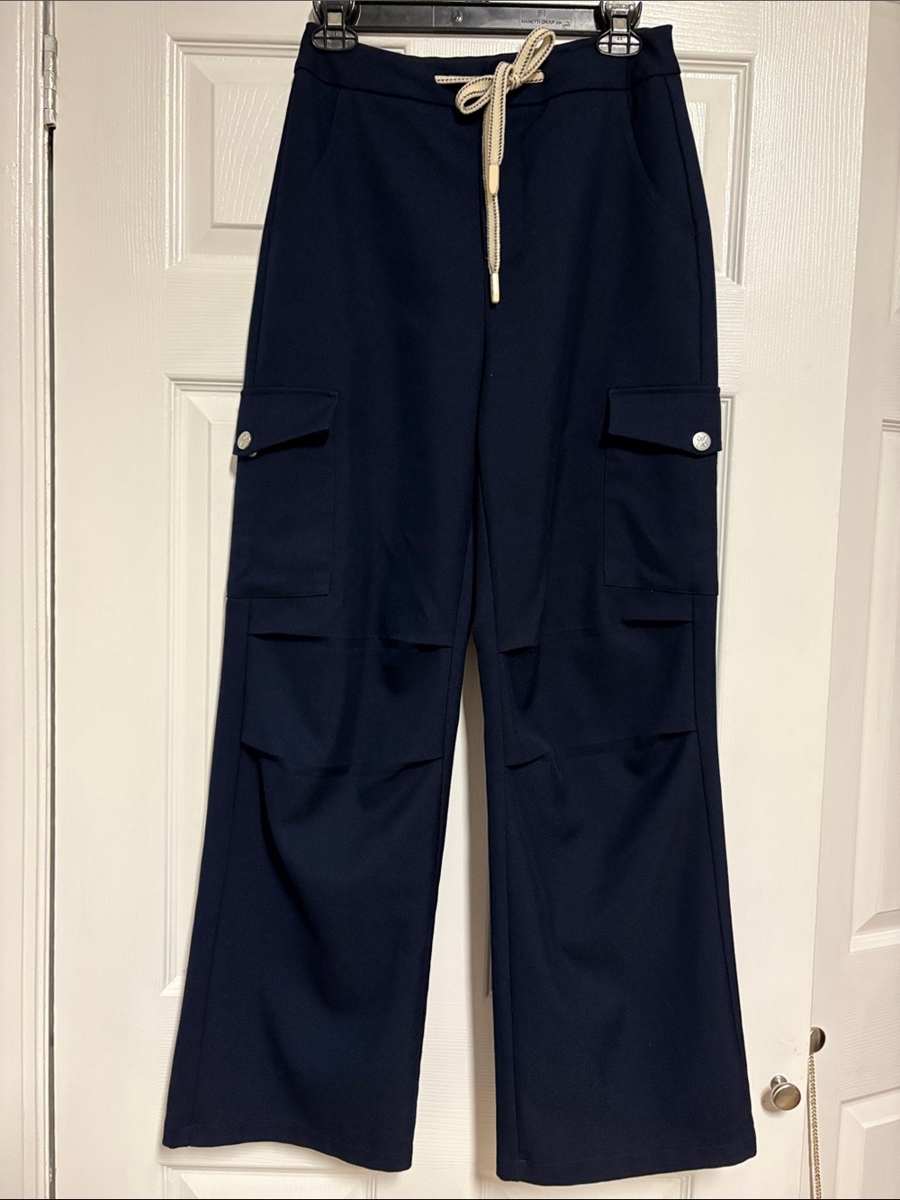 Wide-Leg Cargo Pants with Drawcord in Navy
